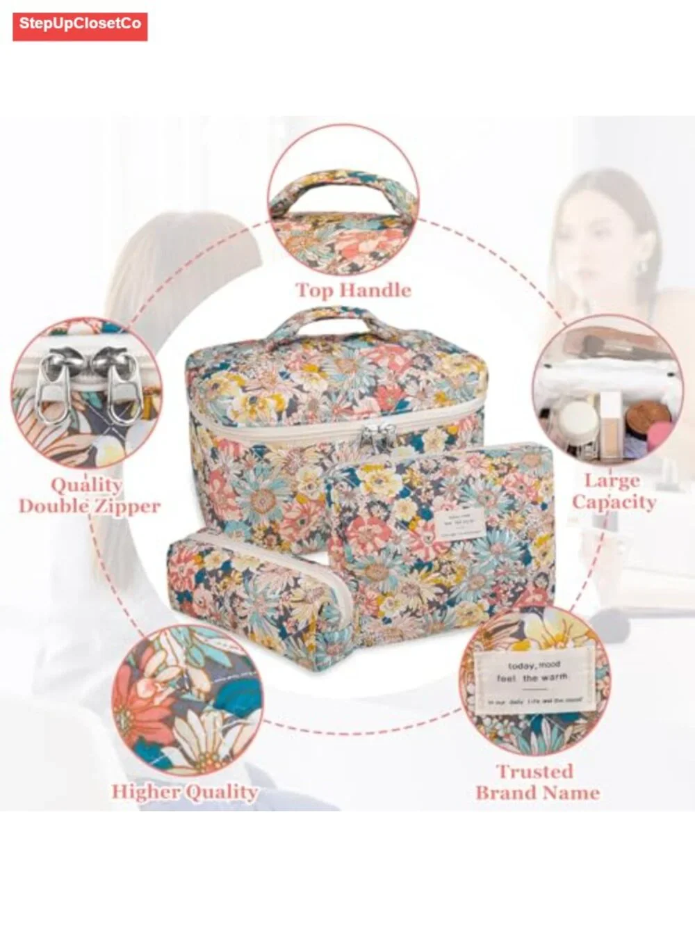 Quilted Floral Makeup Bag Set - 3 Cotton Cosmetic Organizers